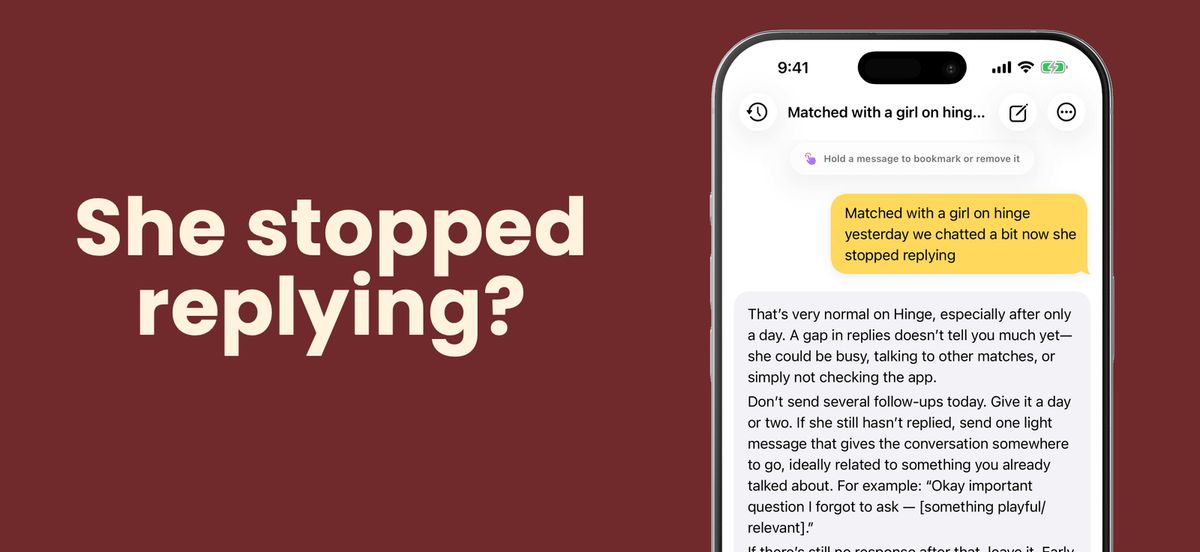 The Zirp app on iPhone, from its App Store screenshot: the user types "Matched with a girl on hinge yesterday we chatted a bit now she stopped replying" and Zirp answers that a one-day gap in replies is normal on Hinge.