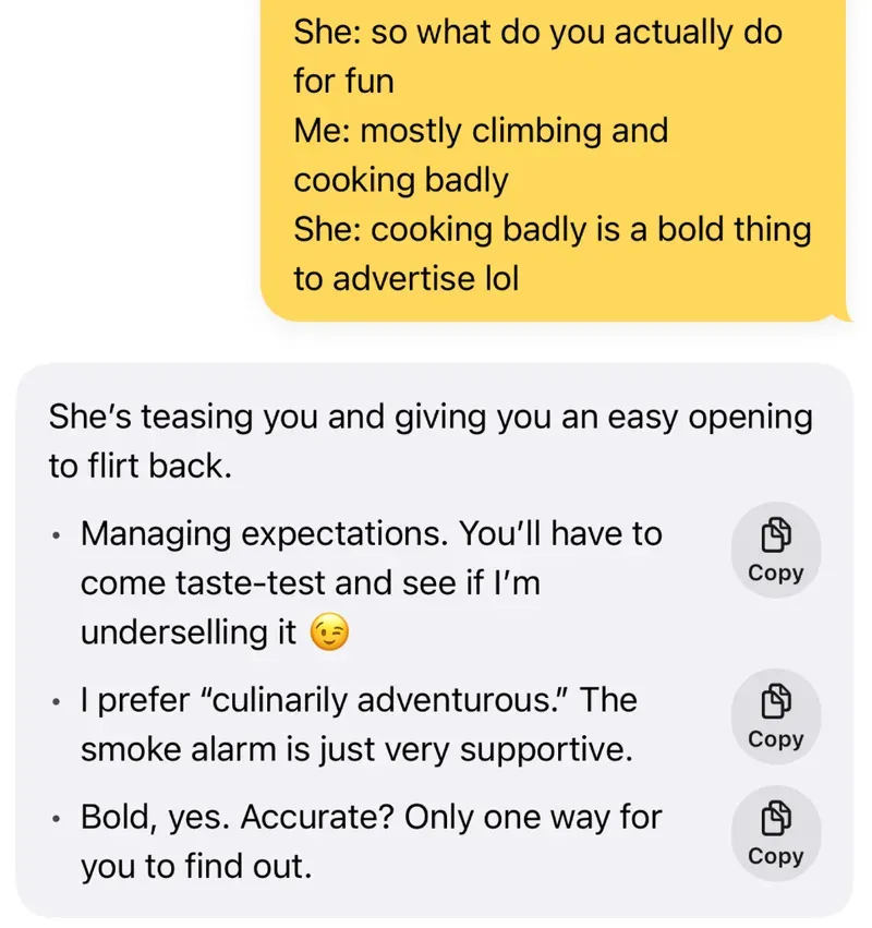Zirp on iPhone: a pasted Hinge chat ("She: cooking badly is a bold thing to advertise lol"), then Zirp's read — "She's teasing you and giving you an easy opening to flirt back" — and three replies, each with a Copy button.